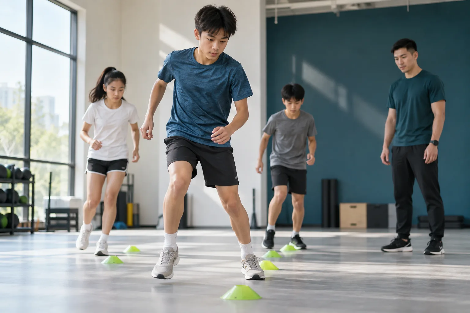 AI 生成的青少年敏捷训练示意:学员在低标志碟之间练习移动,教练在旁观察。